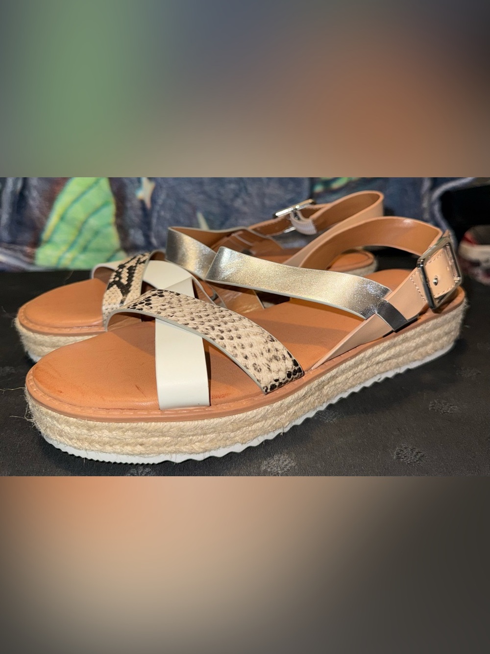 Nine West Calico Metallic Silver, Cream & Snake-Print Espadrille Sandals